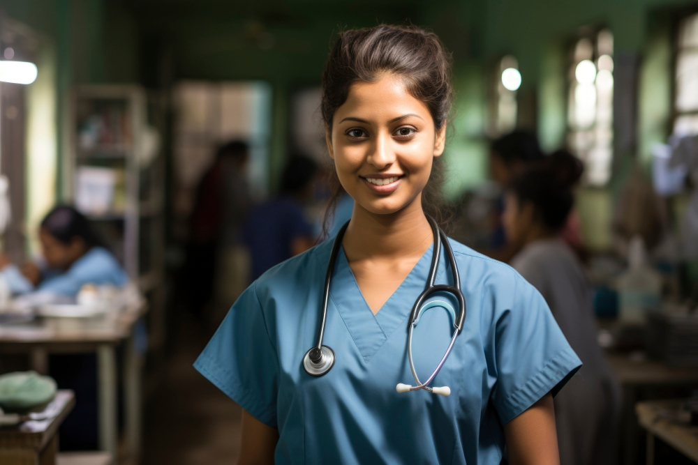 Indian nurse smiling in scrubs